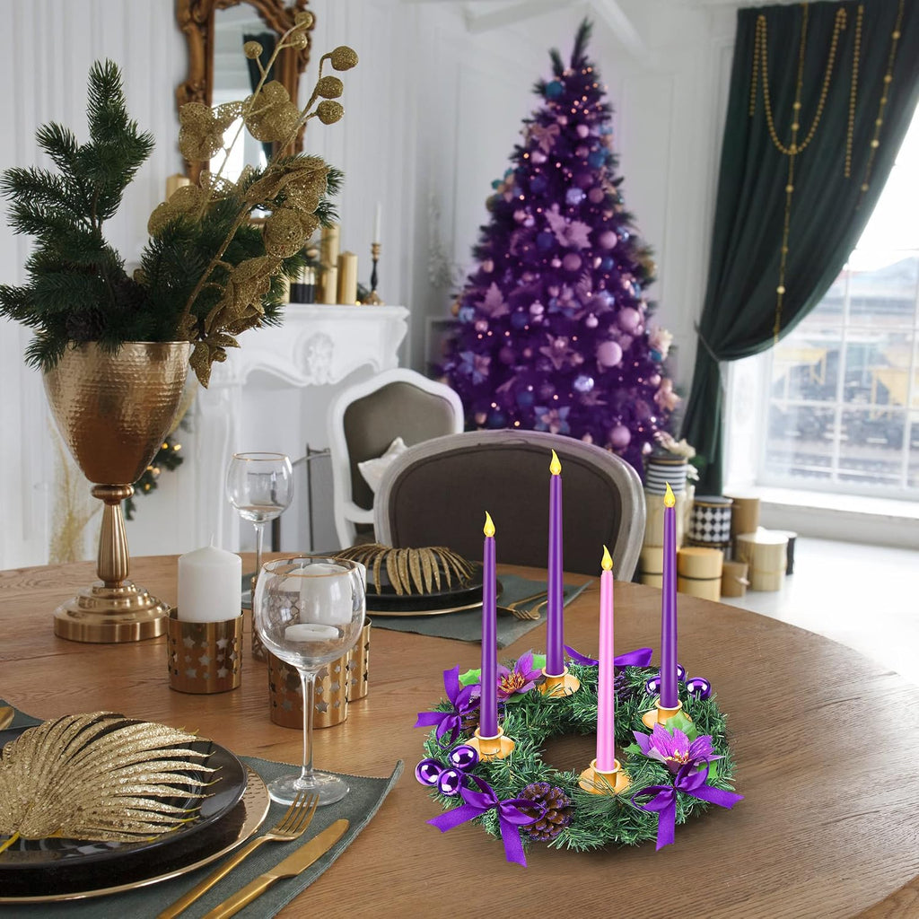 Fovths 12 Inch Christmas Advent Wreath Advent Candle Holder with 4 Flameless Taper Candles Remote Control Christmas Centerpiece Decorations for Christmas Home Church, Purple