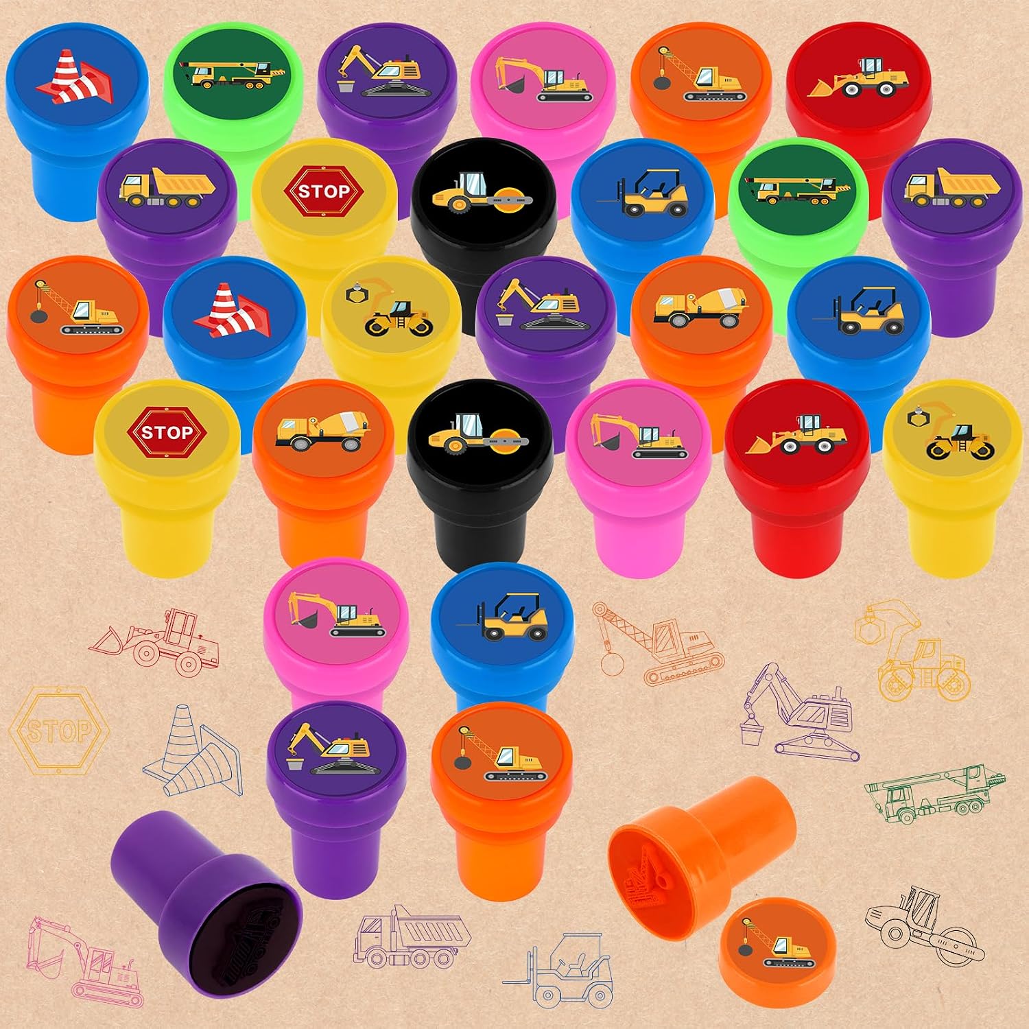 Hxezoc 24 Pieces Construction Truck Print Stamp, Mini Colorful Self Inking Stamps Party Favors Assorted Stamp Set for Classroom Party Educational Learning Activities Supplies