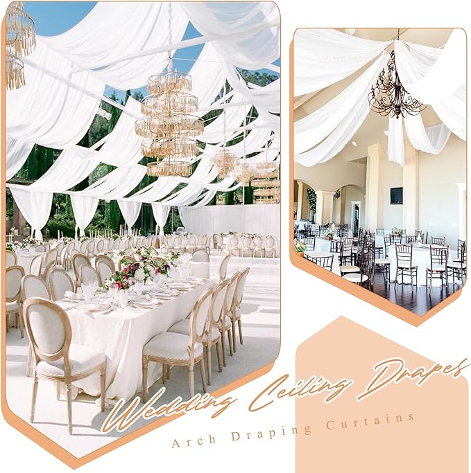 6 Panels White Ceiling Drapes for Wedding 5ftx15ft Sheer Drapery Chiffon Fabric Arch Draping Curtains for Party Ceremony Birthday Baby Shower Reception Stage Ceiling Decorations