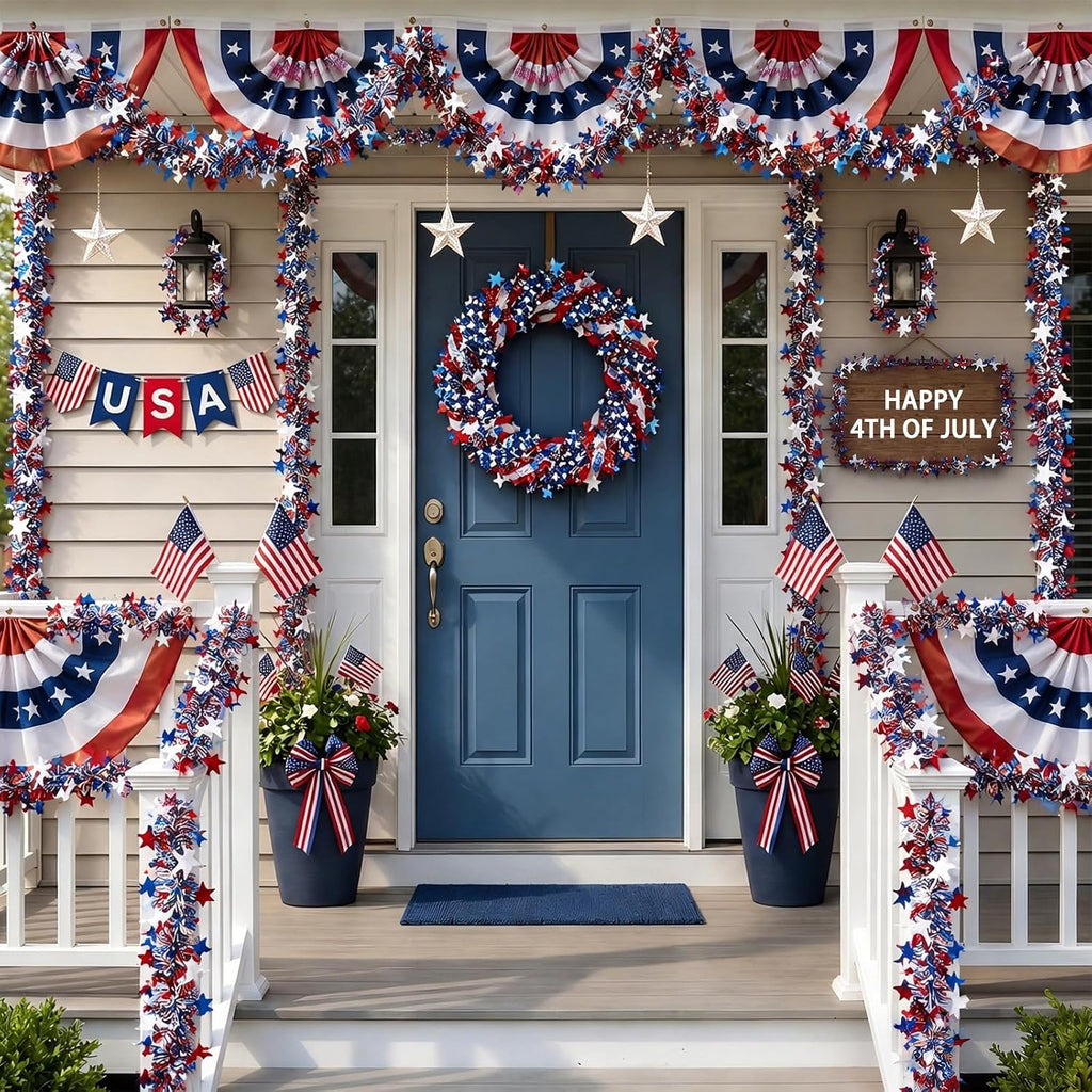 52.5Ft 4th of July Garland, Patriotic Red White and Blue Star Glitter Tinsel Twist Garland, 4th of July Decorations for Car Bike Golf Cart Independence Day Memorial Day Decor