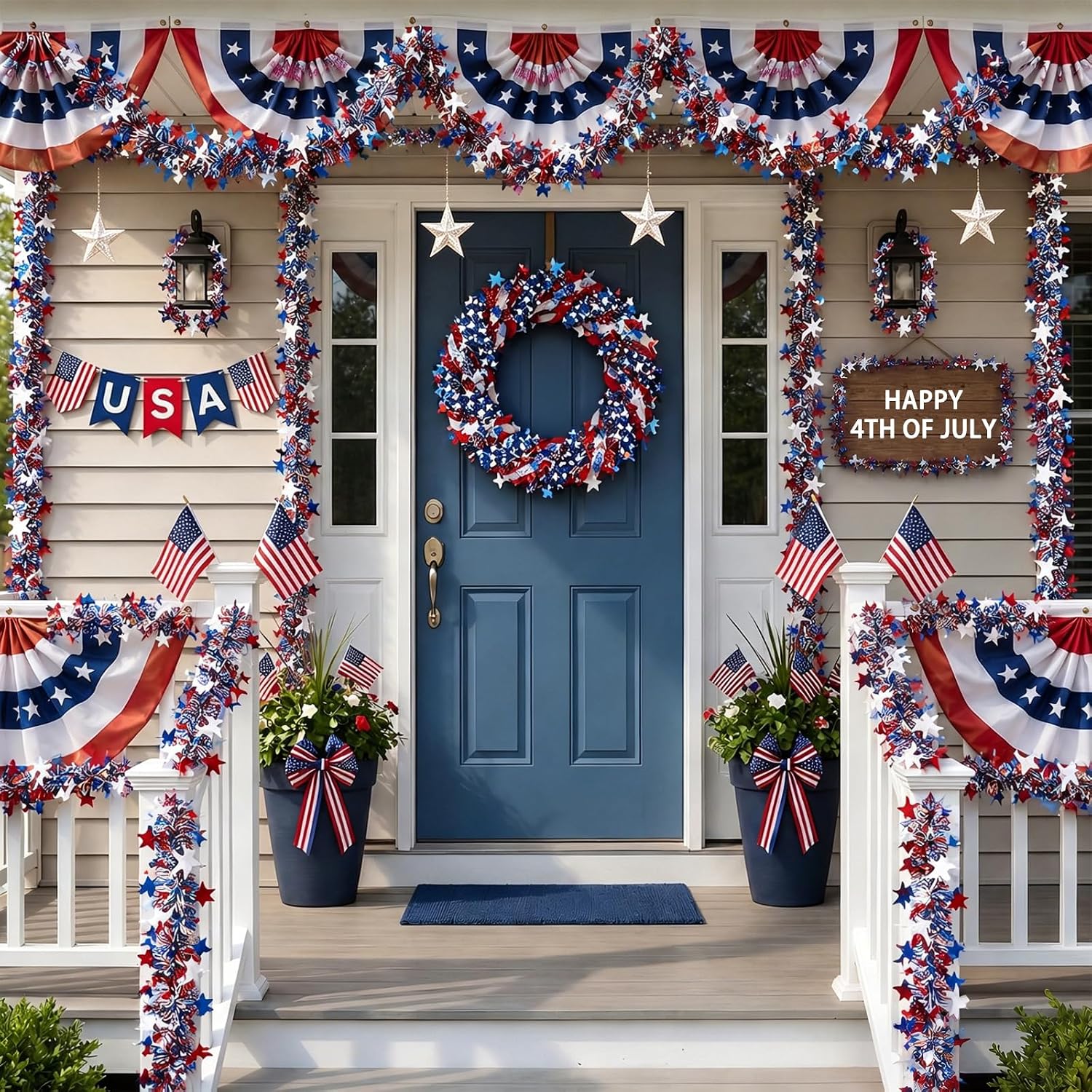 52.5Ft 4th of July Garland, Patriotic Red White and Blue Star Glitter Tinsel Twist Garland, 4th of July Decorations for Car Bike Golf Cart Independence Day Memorial Day Decor