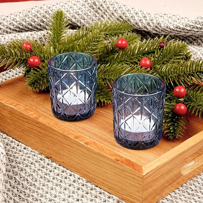 48pcs Blue Votive Tealight Candle Holders, Glass Tea Light Candle Holders for Table Centerpieces, Candle Holder for Wedding Decor, Gift, Home Decoration（Blue,48）