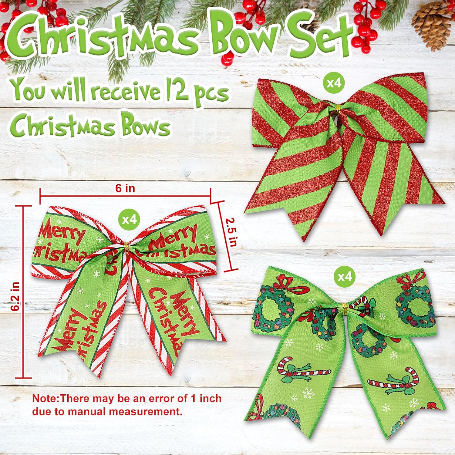12 Pcs Christmas Bows,6 Inch Large Red Green Christmas Wreaths Bows for Tree Gift Wrapping Garland,Holiday Decorations Party Crafts Tree Ribbon Ornaments