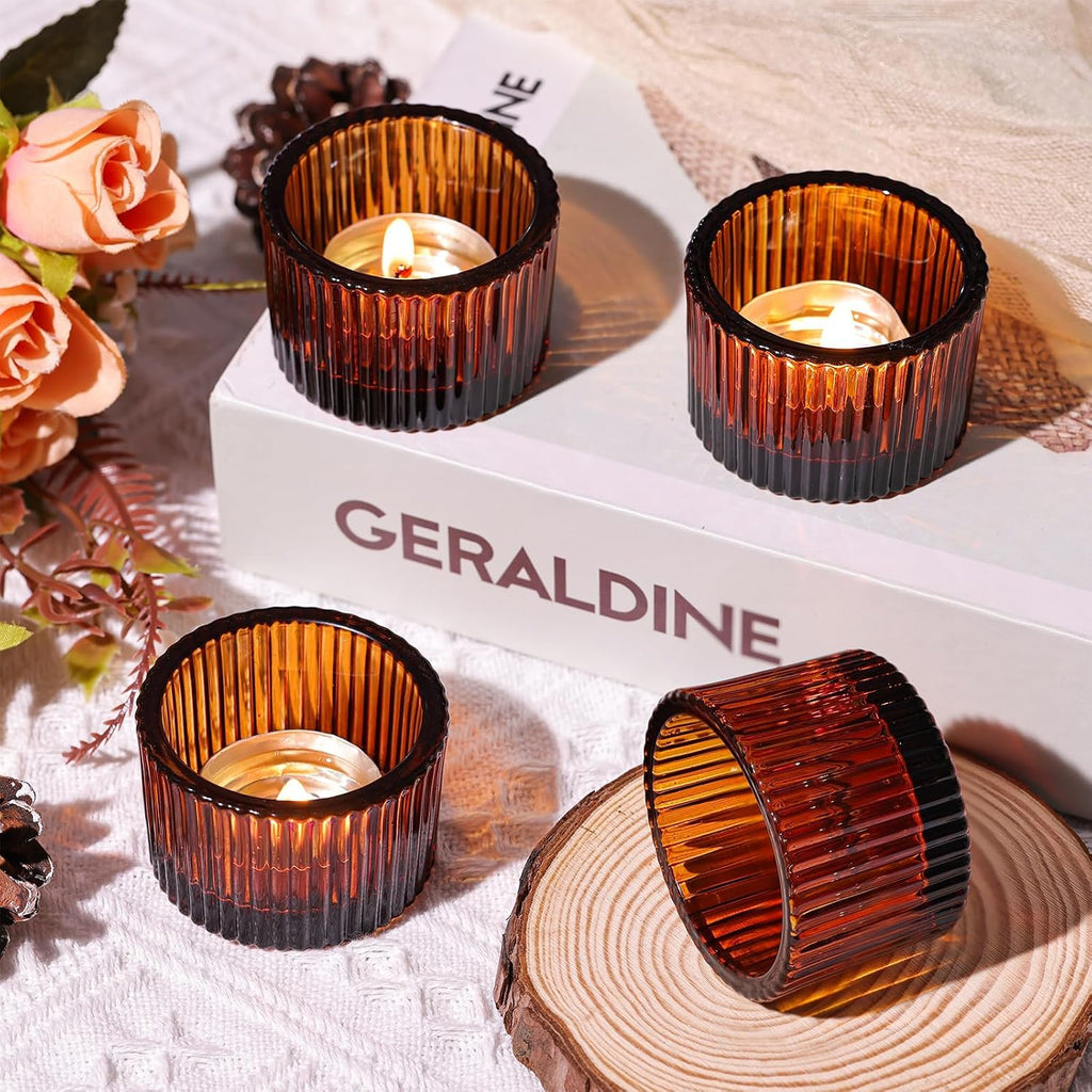 4 Pack Tealight Amber Candle Holders, Votive Tea Light Candle Holder | Glass Candle Holder Fall Wedding Decor Party Supplies for Amber Centerpieces Table Decor Home Decor Heat Resistant