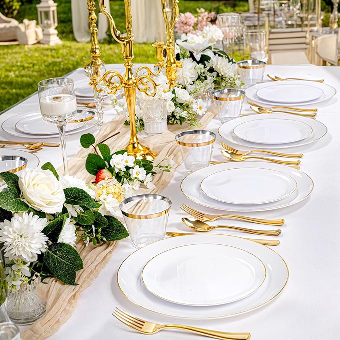 KIRE 175PCS Gold Plates Disposable - Heavy Duty White and Gold Plastic Plates Dinnerware Sets - 25 for Dinner 25 for Dessert 25 Pre Rolled Napkins and 25 Cups for Birthday/Thanksgiving Party/Wedding