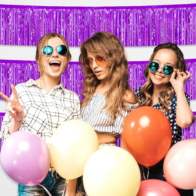 3 Pack 10 Feet Purple Foil Fringe Garland Metallic Tinsel Streamers Banner Wall Hanging Curtain Backdrop for Parade Floats, Christmas Day, Valentine's Day, Thanksgiving, Birthday Party Decorations