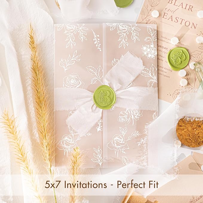 50 Pack Pre-Folded Vellum Jackets for 5x7 Invitations,AZAZA Translucent Invitation Sleeves,115GSM Vellum Jackets 5x7, Wedding Invitation Accessories,for Weddings Birthdays,Botanical Flower Pattern