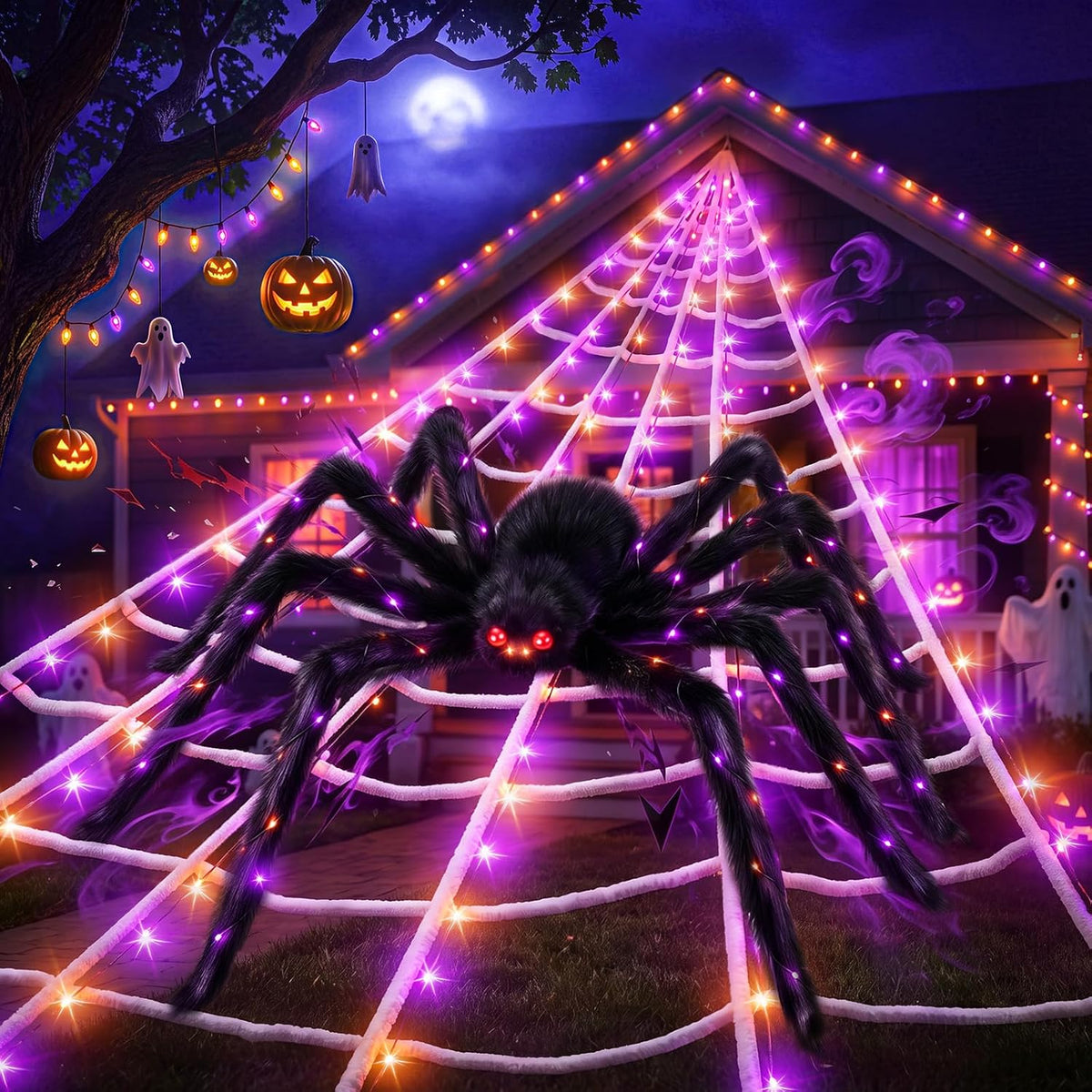 halloween giant spider web decoration with glow-in-the-dark spider, main product view