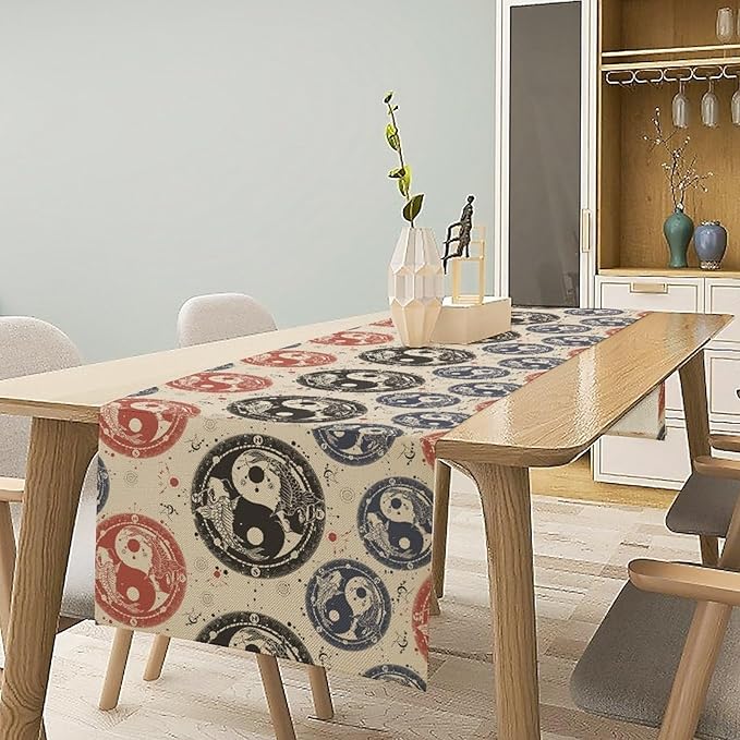 Yin Yang Table Runner, Vintage Mid Century Traditional Oriental Koi Fish Mystical Celestial Moon Stars Print Table Runner for Kitchen Dining Table Party Decor, 13x70inch
