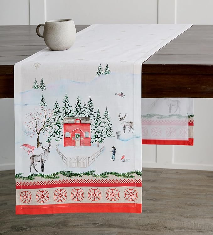 Maison d' Hermine Table Runner 100% Cotton Single Layer Table Runners 72 inches Long for Thanksgiving Christmas Decorations Home Kitchen Dining Party Wedding (Rural Christmas, 14.5" x 72")