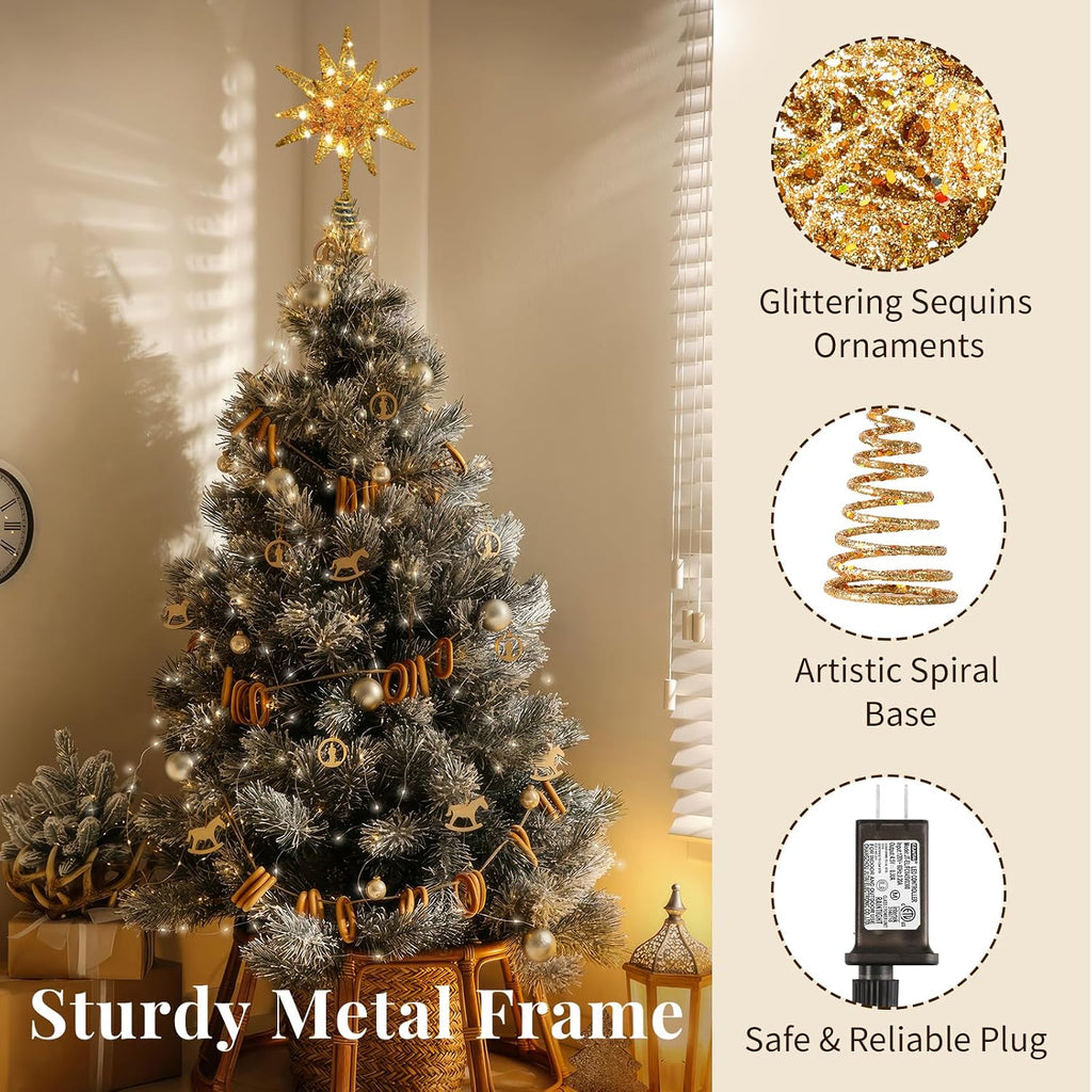 Lewondr Christmas Tree Topper, Plug in 3D Starburst Xmas Lighted Star Tree Topper, Remote Control & Timer Light Up Vintage Moravian Tree Topper for Christmas Decoraiton, Warm Light, Gold