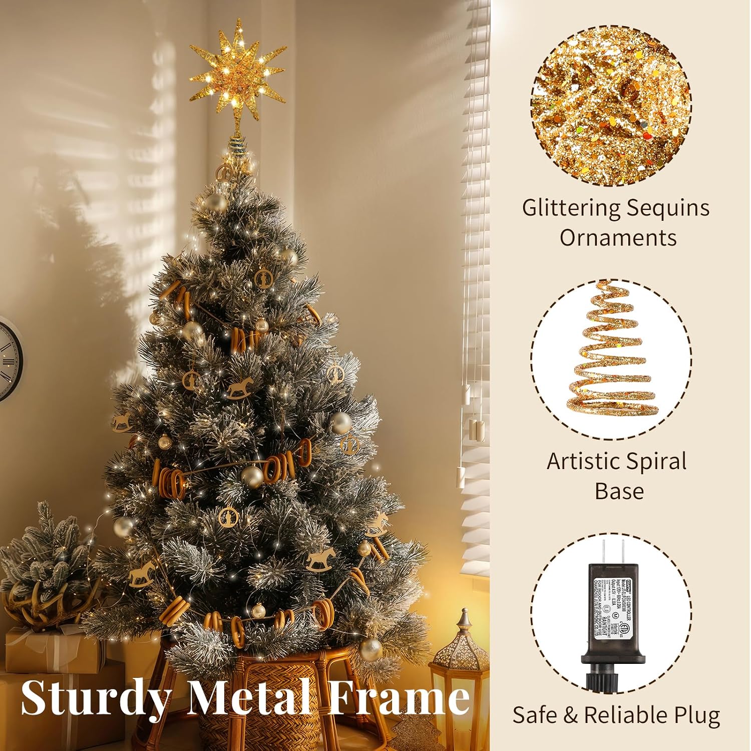Lewondr Christmas Tree Topper, Plug in 3D Starburst Xmas Lighted Star Tree Topper, Remote Control & Timer Light Up Vintage Moravian Tree Topper for Christmas Decoraiton, Warm Light, Gold