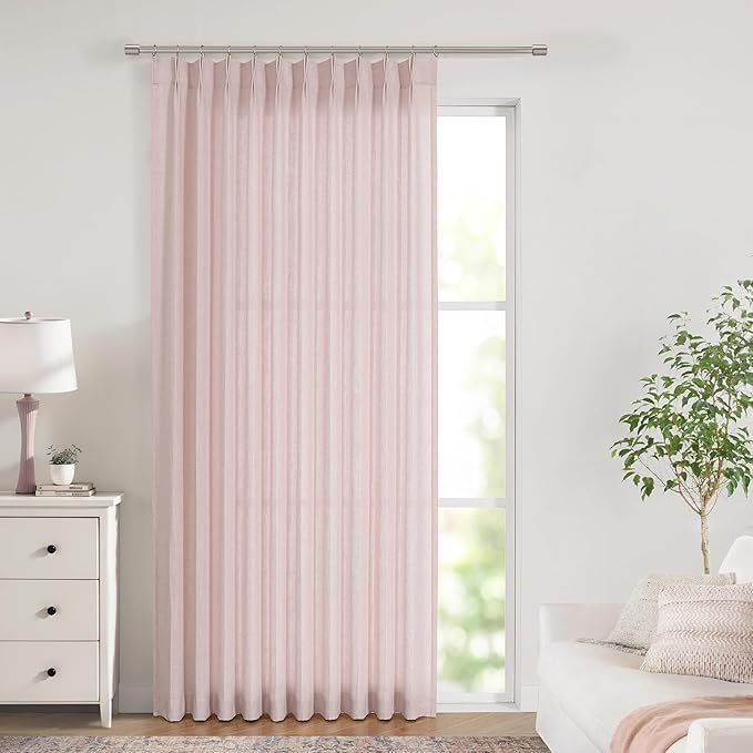 Vision Home Light Pink Pinch Pleated Semi Sheer Curtains Textured Linen Blended Light Filtering Window Curtains 90 inch for Living Room Bedroom Patio Pinch Pleat Drapes with Hooks 1 Panel 60" Wx90 L