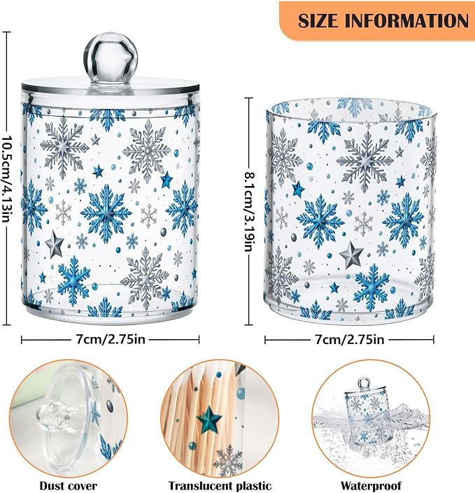 Gredecor Christmas Winter Qtip Holder Dispenser 4 Pack Silver Blue Glitter Snowflakes Apothecary Jars with Lids Bathroom Vanity Countertop Canister Storage Organizer for Cotton Ball,Swabs,Pads,Floss