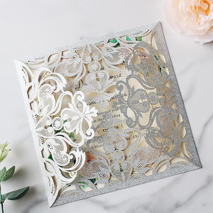 Hosmsua 6.3 x 6.3 Inch 50PCS Silver Glitter Laser Cut Hollow Lace Rose Wedding invitation Cards with Envelopes Wedding invitations for Anniversary Invite (Silver Glitter)