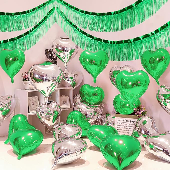 Green Foil Fringe Garland 10FT 2packs, Metallic Foil Tinsel Fringe Banners for Parade Float Decorations Wedding, Birthday Party Graduation (Two Green)