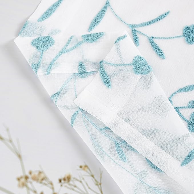 White Embroidery Sheer Curtains White-Blue 95 Inches, Floral Window Treatments Rod Pocket Drapes for Living room, Bedroom, Semi Voile Curtain Panels for Yard, Patio, Villa, Parlor, Set of 2, 52"x 95".