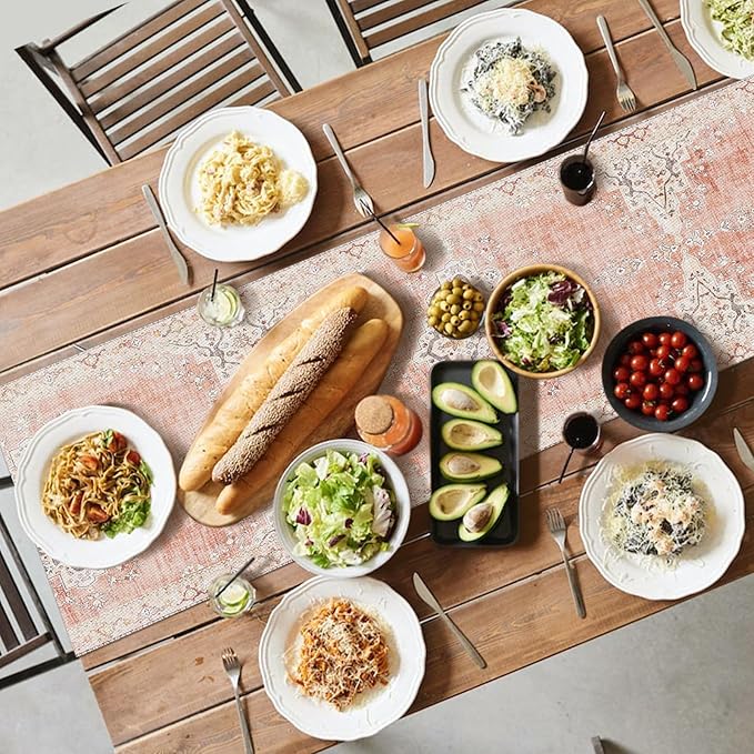 Snycler Table Runner Boho Table Runners Vintage Elegant Farmhouse Table Center Linen Decor for Home Dining Party Entrance (13x48 Inch) Light Pink