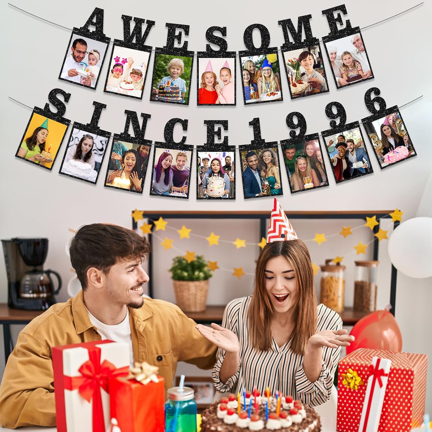 Pre-strung Awesome Since 1996 Photo Banner Birthday Decorations for Her Him- Black Glitter 30th Birthday and Anniversary Decorations Party Supplies for Women Men