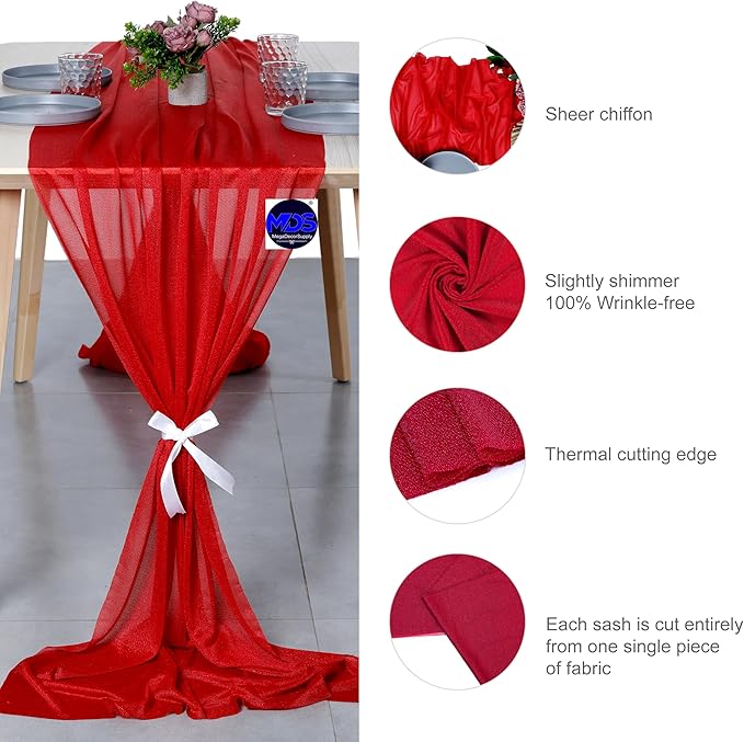 MDS 2 Pack 14ft Chiffon Table Runner 29 x 170 Inches Sheer Wedding Runner Romantic Rustic Table Runner for Wedding Decorations, Birthday Parties, Bridal Shower Party Arch Decor - Red