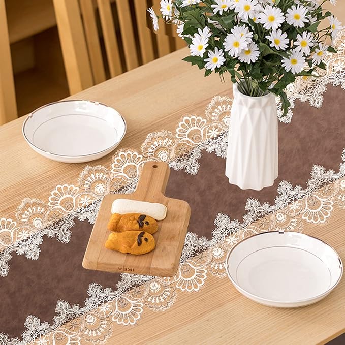 Vintage Lace Dining Table Runner, 120 Inches Floral Coffee Table Runners for Kitchen Home Christmas Party Decorations (16x120 inch, Brown)