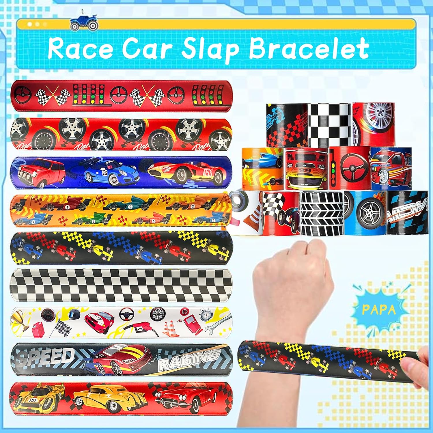 CZWXOXO 24 Pcs Race Car Party Decorations Favors Racing Bracelet Racing Wristbands Bracelet Checkered Slap Bracelets Dirt Bike Task Game Decorations Car Birthday Party Supplies