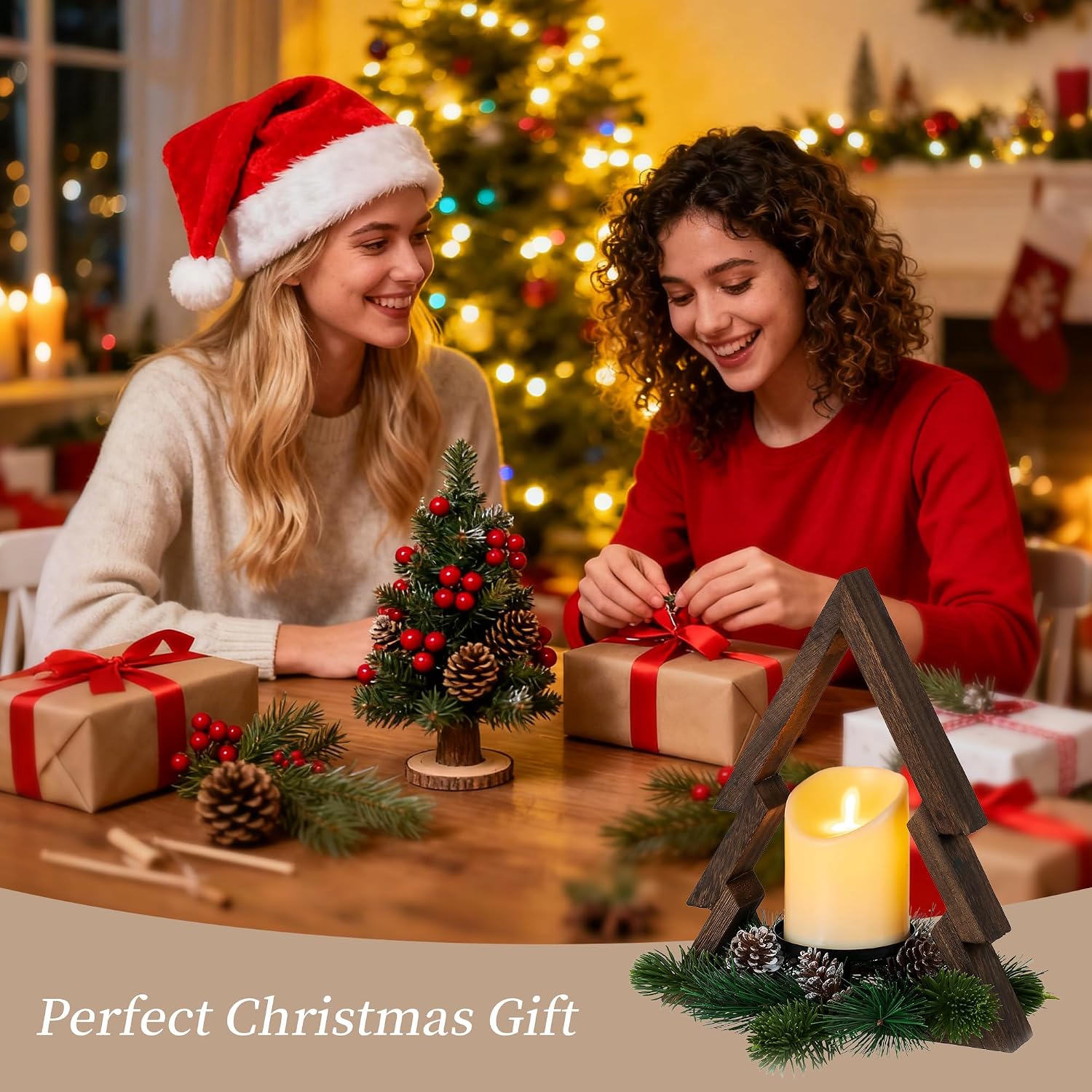 Hanobe Farmhouse Christmas Table Decorations: Rustic Wood Christmas Centerpiece Tree with Pine Ring & Remote Timer LED Candle for Home Shelf Mantel Office Decor
