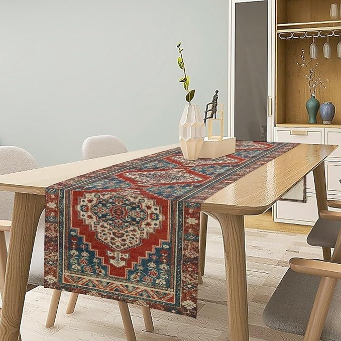 Boho Floral Vintage Table Runner, Red Blue Retro Flower Rustic Country Farmhouse Pattern for Home Kitchen Table Decor Dining Coffee Room Party Decor 13x108in