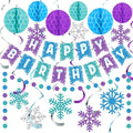 Funrous Snowflake Birthday Decorations Happy Birthday Banner Snowflake Hanging Swirls Honeycomb Balls Circle Dots Garland for Winter Princess Party Supplies