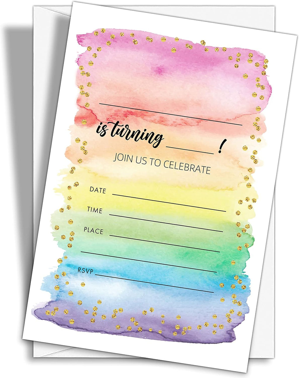 Colorful Rainbow Birthday Party Invitations, 20-Count Watercolor Rainbow Glitter Birthday Party Invites With Envelopes-HBYQK-B59