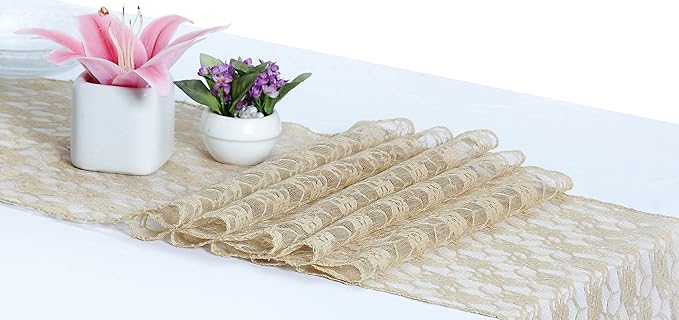 MDS Pack of 20 Wedding 12 x 108 inches Lace Table Runner for Wedding, Decorations for Birthday Parties, Banquets, Graduations, Engagements, and Runners fit Rectangle, Round Table- Champagne Gold