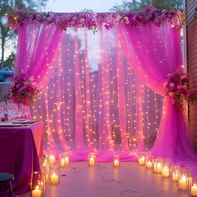 20×10ft Hot Pink Tulle Backdrop Curtain with Lights String for Parties, Sheer Photo Backdrop Curtains for Wedding Party Photography Background