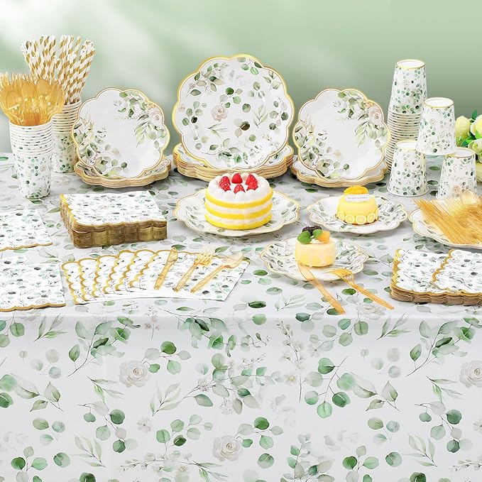 452 Pcs Sage Green Baby Shower Party Decorations for 50, Eucalyptus Leaves Paper Plates Napkins Cups Tablecloth Cutlery Straws for Bridal Baby Shower Birthday Woodland Party Supplies