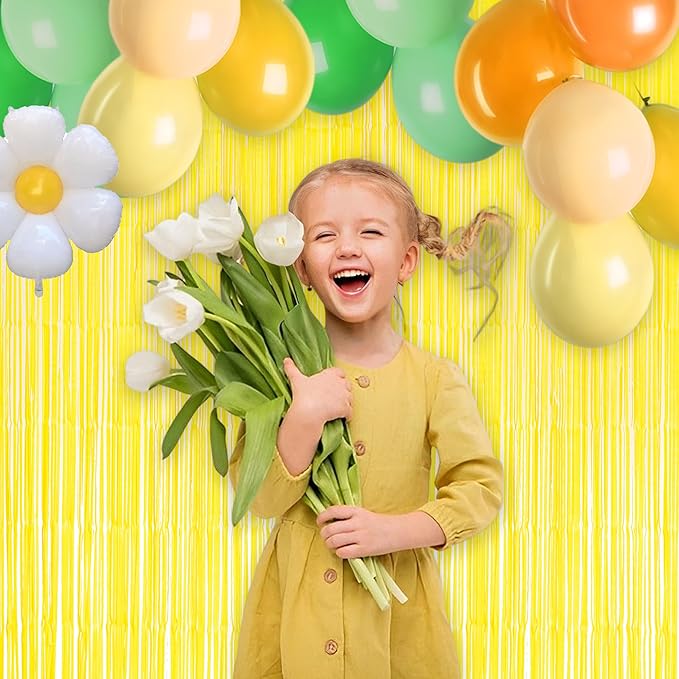 Yellow Streamers Party Backdrop - GREATRIL Foil Fringe for Pineapple/Lemon/Truck/Race Birthdays Party Decoration - 3.2ft X 8.2ft - 2 Packs