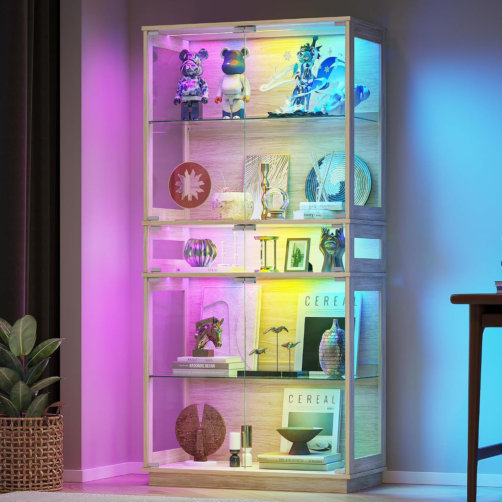 65" h rgb display cabinet with glass doors on a desk or shelf