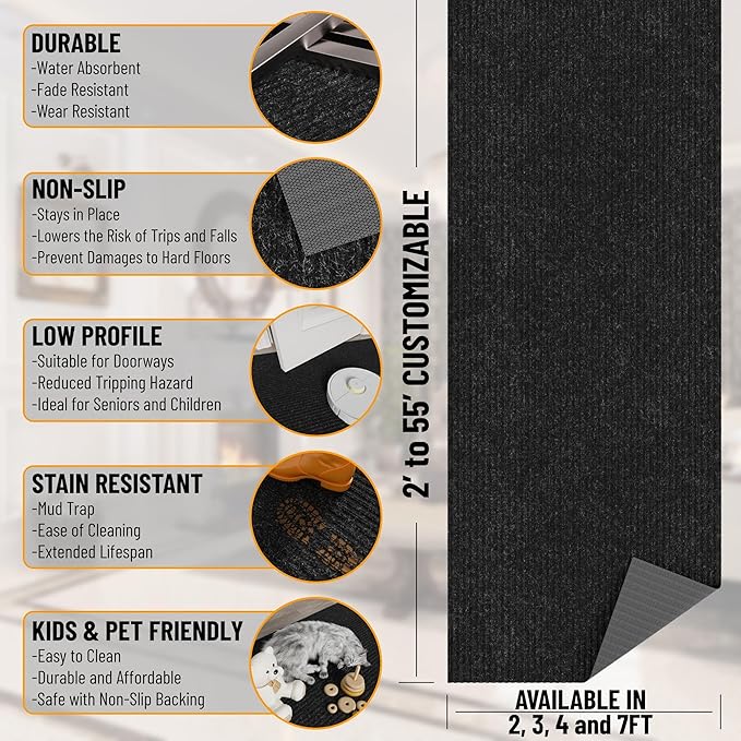 Ottomanson 3'11" x 30' Hallway Runner with Scraper Pile - Extra Durable Non-Slip Rug Mat for Indoor & Outdoor Use - Ideal for Kitchen, Entryway & Garage - High-Traffic Carpet, Black
