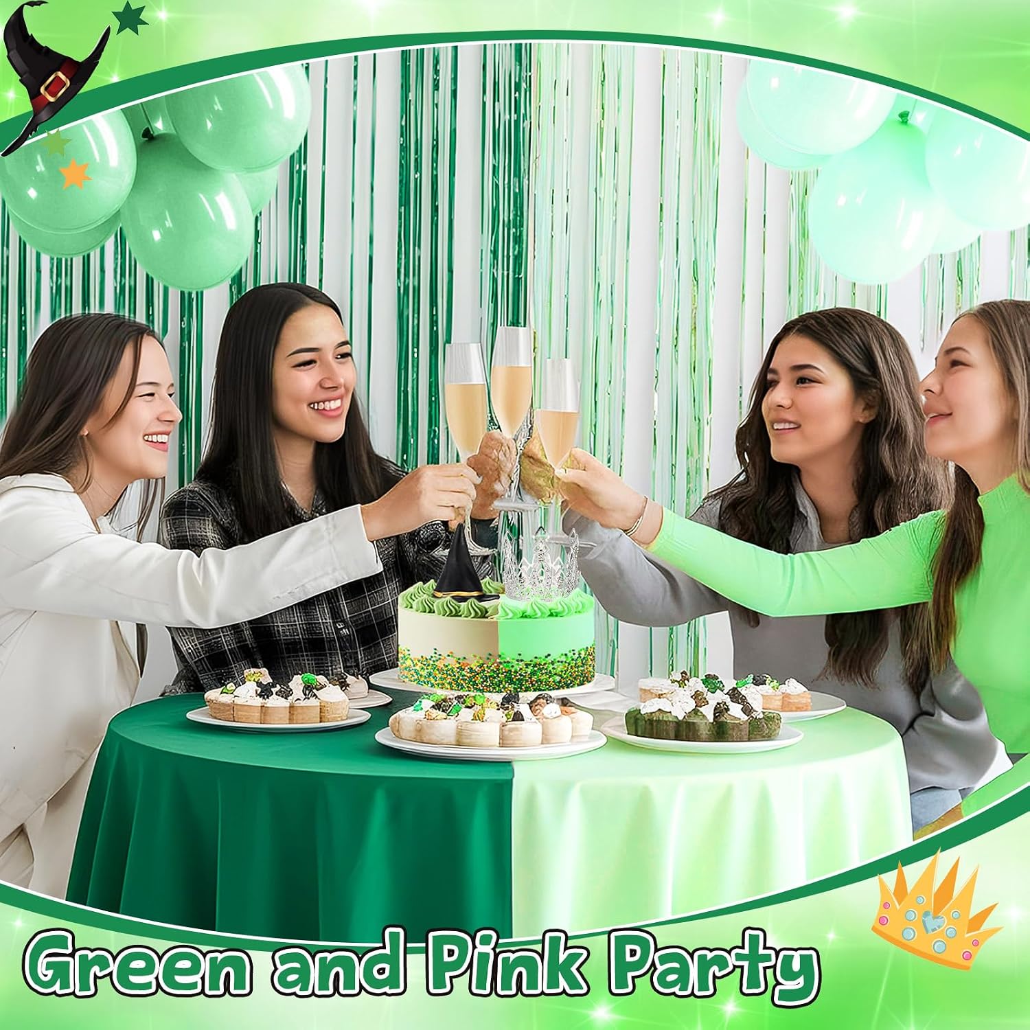 Reallnaive Witch Theme Party Cake Decoration Silver Crown Black Witch Hat Cake Topper Supplies for Movie Theme Party Princess Birthday Pink and Green Celebration Decoration(Rhombus Crown)