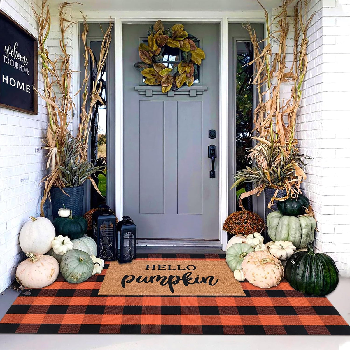Orange and Black Plaid Rug, 4' x 6' Fall Outdoor Front Door Decor Mat...