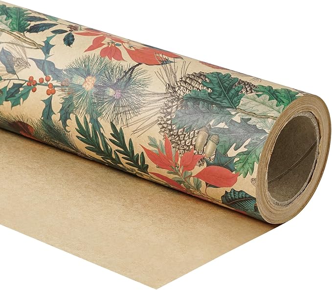 RUSPEPA Kraft Christmas Wrapping Paper Roll, Mini Roll, Watercolor Winter Botanical Design with Pinecones, Holly and Poinsettia, Kraft Gift Wrap for Xmas Holiday, Winter Party, 17 Inches x 16.4 Feet