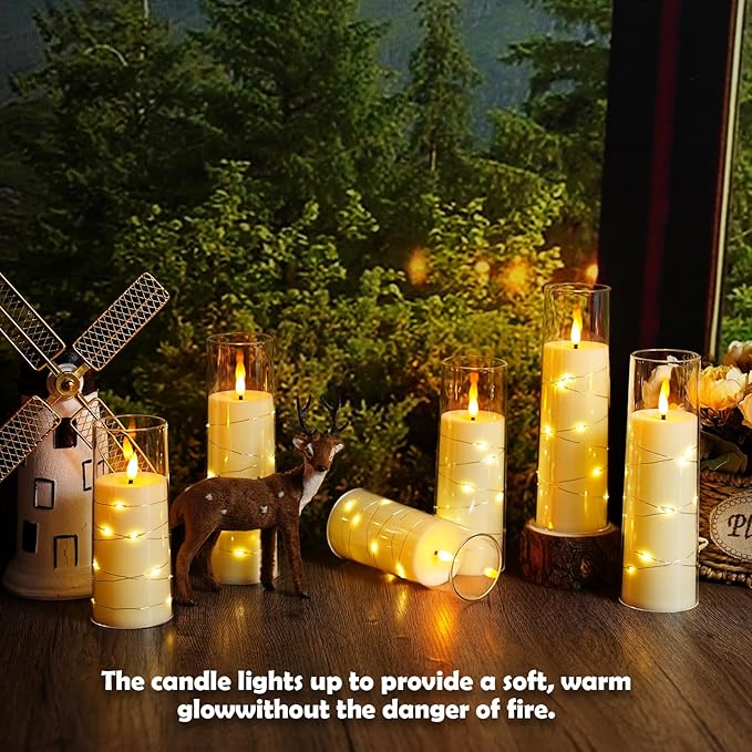 Flameless Candles with Embedded Star String - Battery Operated LED Candles, with Remote,12 Ivory Flickering Candles for Christmas, Weddings, Home Decor & Party,(D 2.3"×H 5" 6" 7")