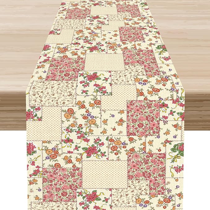 Patchwork Table Runner, Boho Vintage Pink Wildflowers Bohemian Paisley Flower Farmhouse Table Center Decor for Home Kitchen Dining Patio Holiday Party Indoor Outdoor Table Decorations, 13"x72" Inch