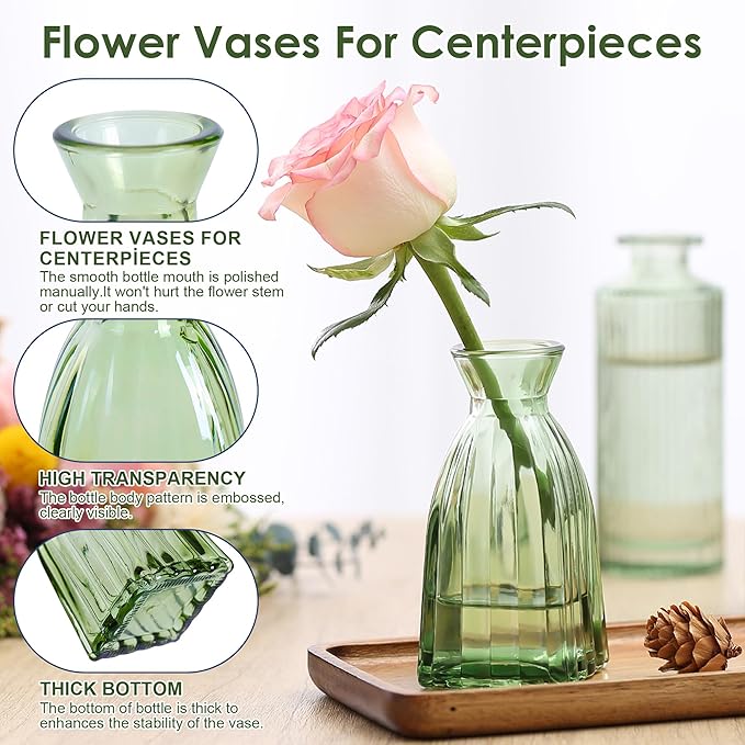 Vintage Small Glass Vases Set of 10,Mini Bud Vases for Flowers,Amber Glass Vases for Centerpieces,Wedding Decorations,Home Table Flower Decor (Hunt Green)
