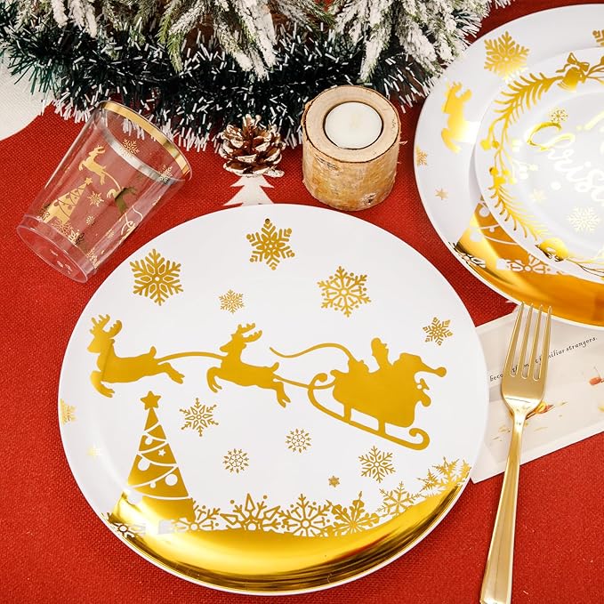 Supernal 150pcs Christmas Plates, Christmas Plastic Dinnerware include Gold Plastic Plates,Gold Plastic Silverware,Gold Plastic Cups, Christmas Party Plates for 25 Guests