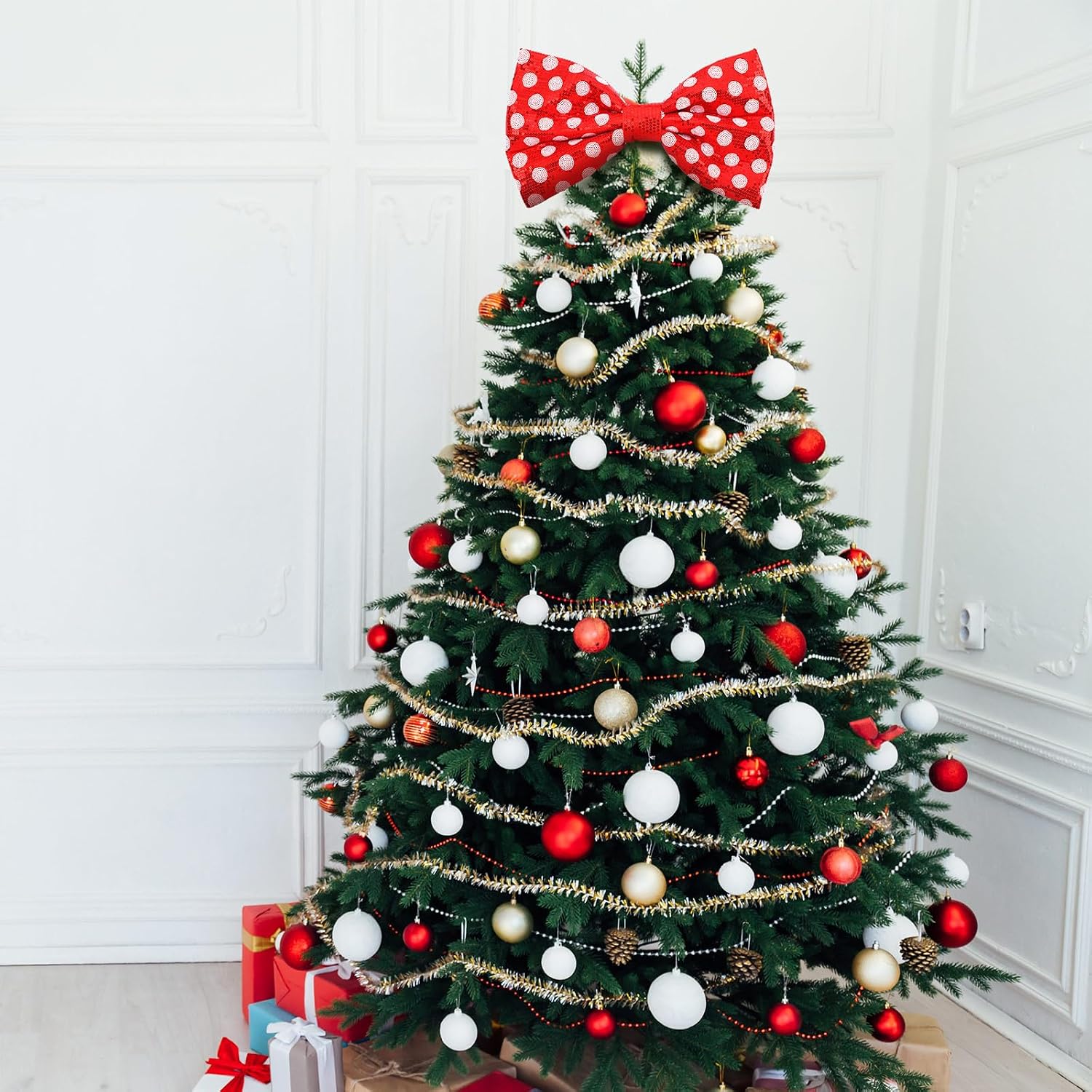 Suncalla Red and White Christmas Tree Topper Bow Tree Topper 14x8'' Large Red and White Polka-dot Sequin Bow for Indoor Outdoor Christmas Decoration Xmas Party Favors Holiday Treetop Decoration