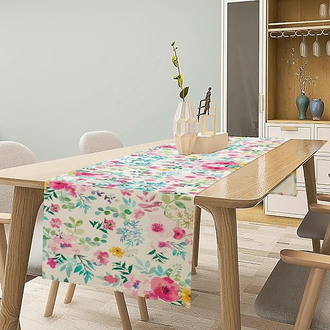Watercolor Floral Table Runner, Colorful Botanical Spring Summer Nature Flower Aesthetic Table Runner for Kitchen Dinning Table Runner Decor Home Wedding Party Holiday, 13x36 Inch