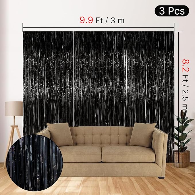 PartyWoo Black Streamers Tinsel Backdrop Curtain 3pcs 8.2ft Foil Fringe Curtain for Black History Month Juneteenth Gothic Wedding Retirement Halloween Cow Print Theme Party Celebration Decorations