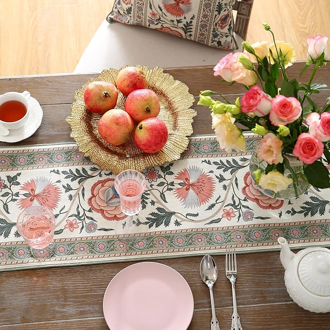 ISAENNE Designer Vintage Linen Table Runner 87 Inches Long,Elegant Floral Pattern Wrinkle Resistant Table Runners for Dining Tables,Thanksgiving,Kitchen Tables,Christmas,12"*87"-Daffy B
