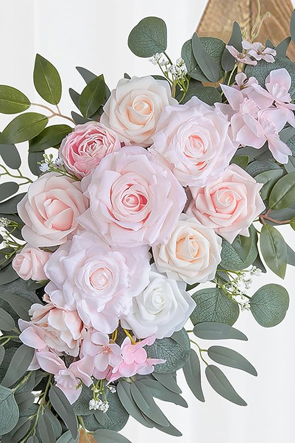 Pink Wedding Arch Flowers Set of 2 for Wedding Welcome Signs, Artificial Wedding Flowers for Wedding Ceremony Outside(Pink & Ivory)