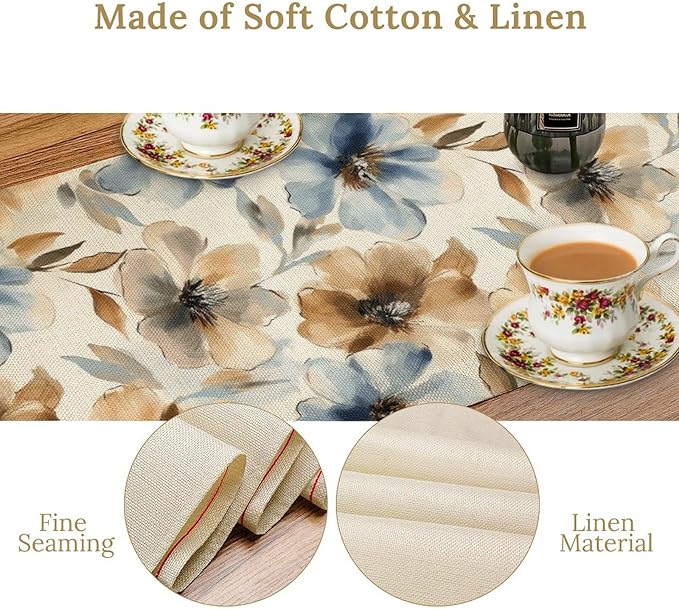 Poppy Floral Table Runner, Watercolor Brown Blue Flowers Blossom Summer Nature Table Runner for Kitchen Dinning Table Runner Decor Home Wedding Party Holiday, 13x36 Inch