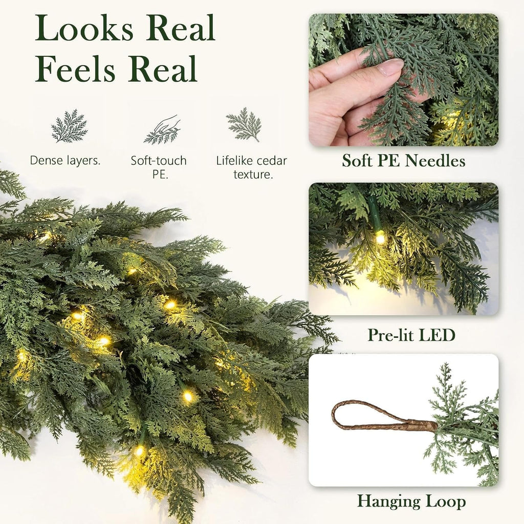 pre-lit christmas garland 9ft decorations real touch cedar, side view